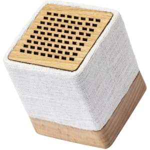 A square speaker with a wooden top and fabric covering, featuring a grid pattern on the surface.