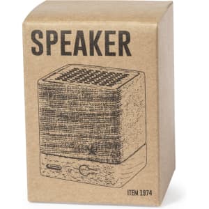 A compact speaker in a brown cardboard box featuring a simple sketch design and a logo on the side.