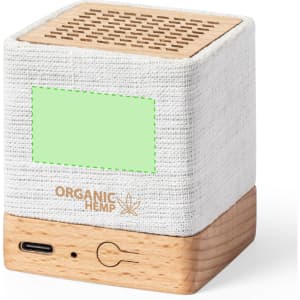 A compact white speaker with wooden accents, featuring a textured surface and a logo.