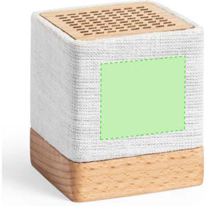 A square speaker with a wooden base and a textured white fabric cover, featuring a blank area for custom branding.