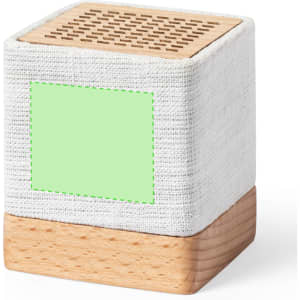 A square speaker with a textured white fabric exterior and a wooden base, featuring a logo on one side.