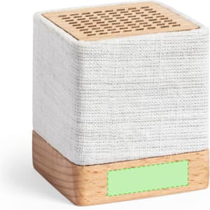 A square speaker with a white fabric cover and a wooden base, featuring a textured top for sound.