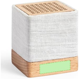 A square speaker with a textured white fabric exterior and a wooden base. It has a decorative top with perforations.