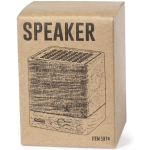 A brown cardboard box featuring a speaker illustration and a logo. The box is minimalistic with a textured design.