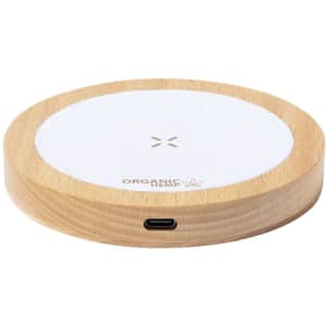 A wireless charger with a wooden base and a white top, featuring a USB-C port on the side.
