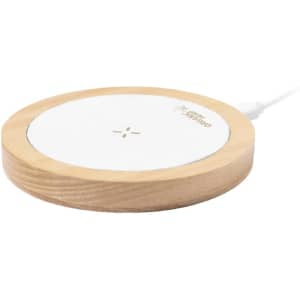 A wireless charger featuring a white surface and a wooden base, with a logo on the side.