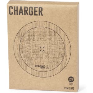 A wireless charger in a circular shape, presented in a natural brown cardboard box with a logo.