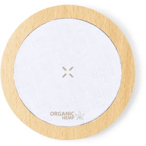 A wireless charger with a round design, featuring a white surface and a wooden rim. It has a logo on the base.