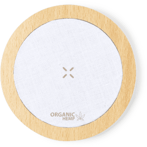 A wireless charger featuring a circular design with a wooden frame and a white fabric surface. It has a logo.