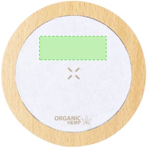 A round wireless charger with a wooden base and a fabric surface, featuring a logo for organic hemp.