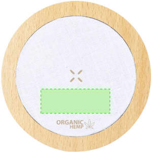 A circular wireless charger featuring a wooden border and a white linen surface, with a logo on it.