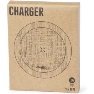 A wireless charger in a circular design, featuring a natural brown texture and a logo, packaged in an earthy cardboard box.