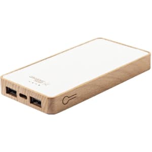A rectangular power bank in white with a wooden edge and two USB ports, featuring a logo on the side.