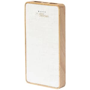 A power bank in white and natural wood finish, featuring multiple USB ports and a logo.