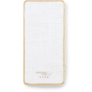 A white power bank with a textured finish and wooden trim, featuring a logo.