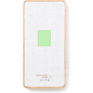 A rectangular power bank with a textured white surface and a natural wood frame, featuring a green square design element.