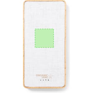 A power bank featuring a white fabric surface with a green square, framed by a wooden border. It has a logo.