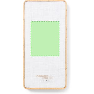 A power bank with a white linen texture and a light green rectangular space, featuring a logo at the bottom.