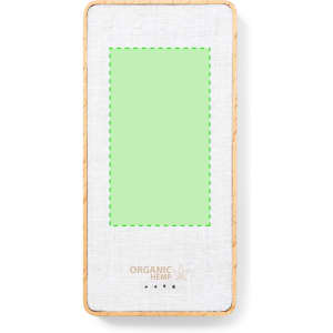 A power bank with a natural wood frame and a soft green centre, featuring a logo on the front.
