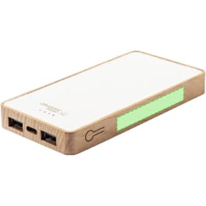 A power bank featuring a white surface with a wooden border and multiple charging ports. It has branding on one side.