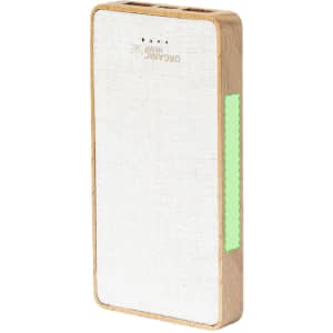 A power bank with a wooden frame and a white fabric surface, featuring a logo and indicator lights.