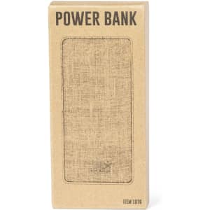 A power bank in a brown textured box, featuring a simple design and a branding logo.