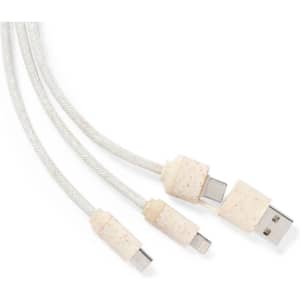 A charging cable set in a light beige colour, featuring three connectors and a textured finish.