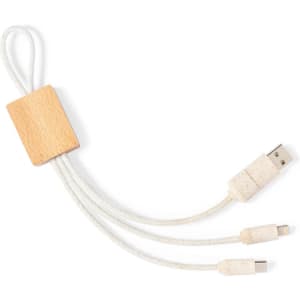 A charging cable with a wooden connector and white braided cords, featuring USB and Lightning connectors.