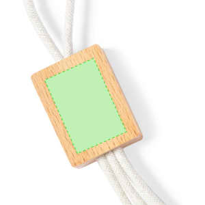 A charging cable with a white woven design and a wooden rectangular connector, featuring a blank green area.