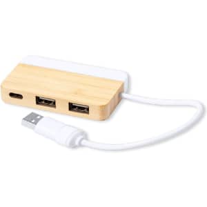 A USB hub with a bamboo base and white cable, featuring two standard USB ports and one USB-C port.
