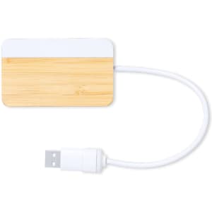 A USB hub with a bamboo wood finish and a white cable, featuring a logo on its surface.