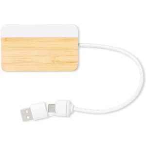 A bamboo USB hub with a white connector. It features a minimalist design and a brand logo.