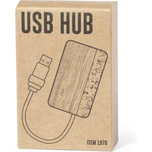 A USB hub in a brown kraft box with an illustration of the product and a connecting cable.