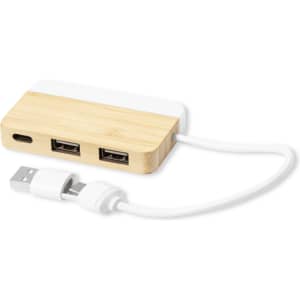 A USB hub with a bamboo design, featuring two USB ports and a white cable. It has a compact and sleek appearance.