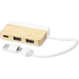 A USB hub featuring a bamboo body and white accents, with multiple USB ports and a connected cable.