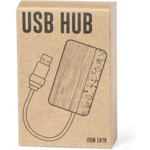 A USB hub in a brown cardboard box, featuring a simple illustration of the device and a USB cable.