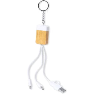 A charging cable with a bamboo-style design, featuring a keychain and multiple connection options in white.