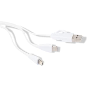 A white charging cable with USB, Micro USB, and Lightning connectors, featuring a branding logo.