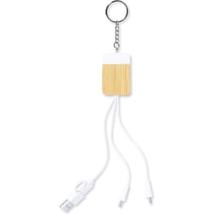 A keychain charging cable with a bamboo design and white connectors for various devices.