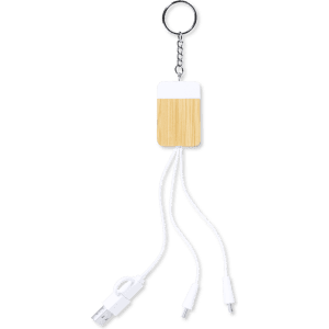 A bamboo and white charging cable with a keyring, featuring multiple connectors for various devices.