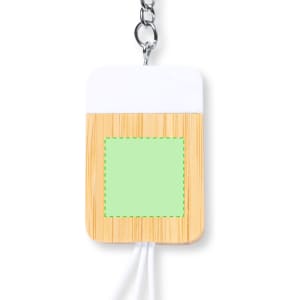 A bamboo-textured charging cable holder in white, featuring a blank green area and a metal chain attachment.