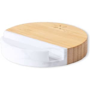 A round wireless charger with a bamboo surface and a white marble section, featuring a textured base.