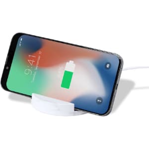 A wireless charger holder in white, displaying a smartphone with a battery charging icon.