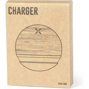A square, brown cardboard box containing a circular charger holder with a wood grain design and a logo.