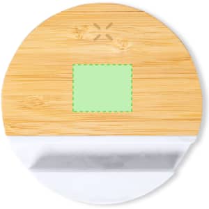 A circular wireless charger holder in bamboo design, featuring a white base and a green accent area, with branding.