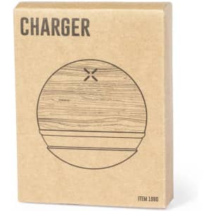 A wooden-styled round wireless charger in a kraft paper box with a simple logo design.