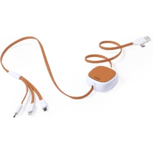 A charging cable with a tan and white design, featuring multiple connectors for various devices and a logo.