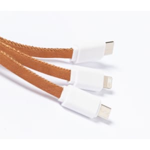 A charging cable with three connectors and a brown leather-like texture, featuring white plastic ends and a logo.