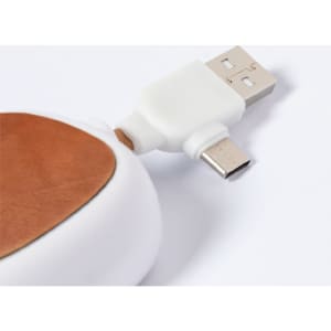 A white charging cable with a USB connector and brown leather detailing. It has a logo on the cable.