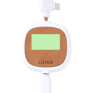 A white charging cable with a brown leather accent and a square green area, featuring a logo on the leather.